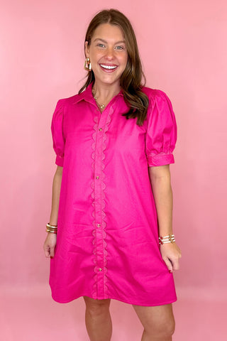 Pink Scallop Button Front Dress Grand Millennial Coastal Chic