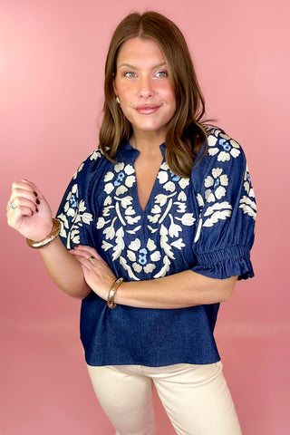THML denim Floral Embroidered Denim Top Blue