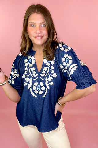 THML Floral Embroidered Denim Top Blue