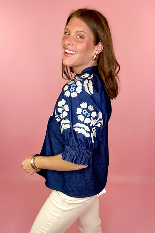 THML Floral Embroidered Denim Top Blue