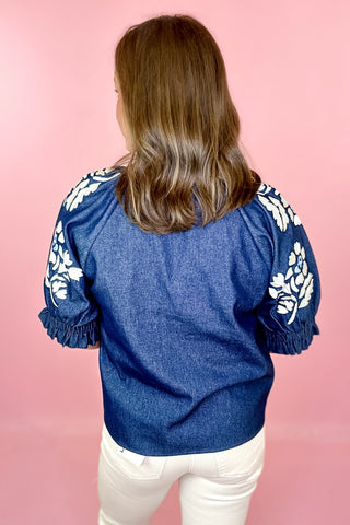 THML Floral Embroidered Denim Top Blue