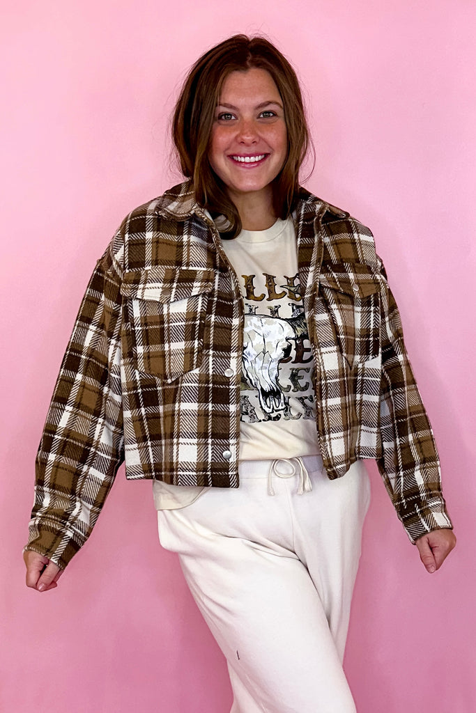 brown plaid cropped jacket