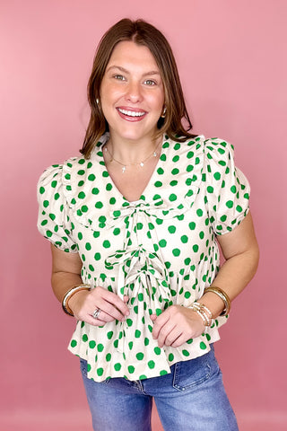 green tie front polka dot top