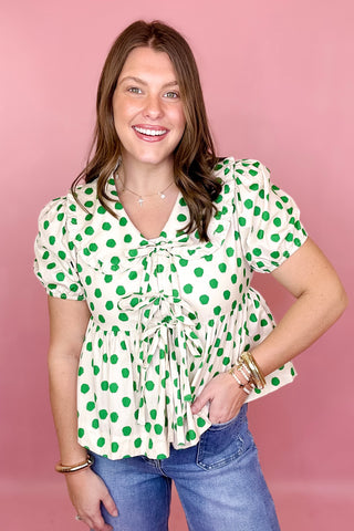 green tie front polka dot top