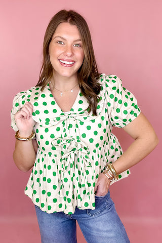 green tie front polka dot top