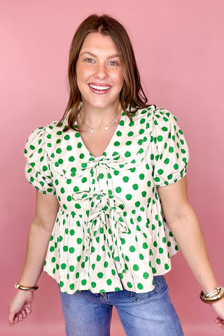 green tie front polka dot top