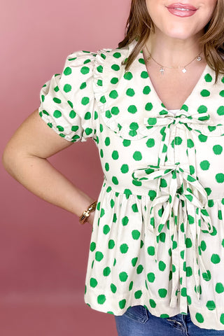 green tie front polka dot top