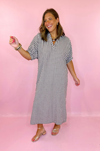  Gingham Midi Dress - Brown
