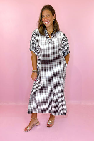  Gingham Midi Dress - Brown