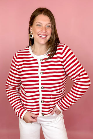 Red and white striped cardigan gold buttons coastal chic