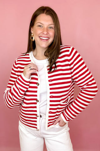 Red and white striped cardigan gold buttons coastal chic