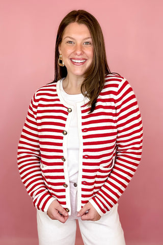 Red and white striped cardigan gold buttons coastal chic