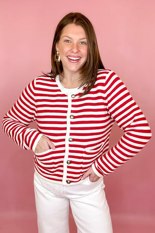 Red and white striped cardigan gold buttons coastal chic