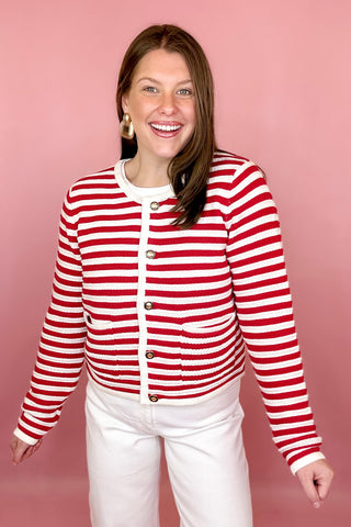 Red and white striped cardigan gold buttons coastal chic