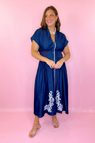 Pretty Days Embroidered Denim Midi Dress - Indigo maddiebea Pretty Days Embroidered Denim Midi Dress - Indigo maddiebea