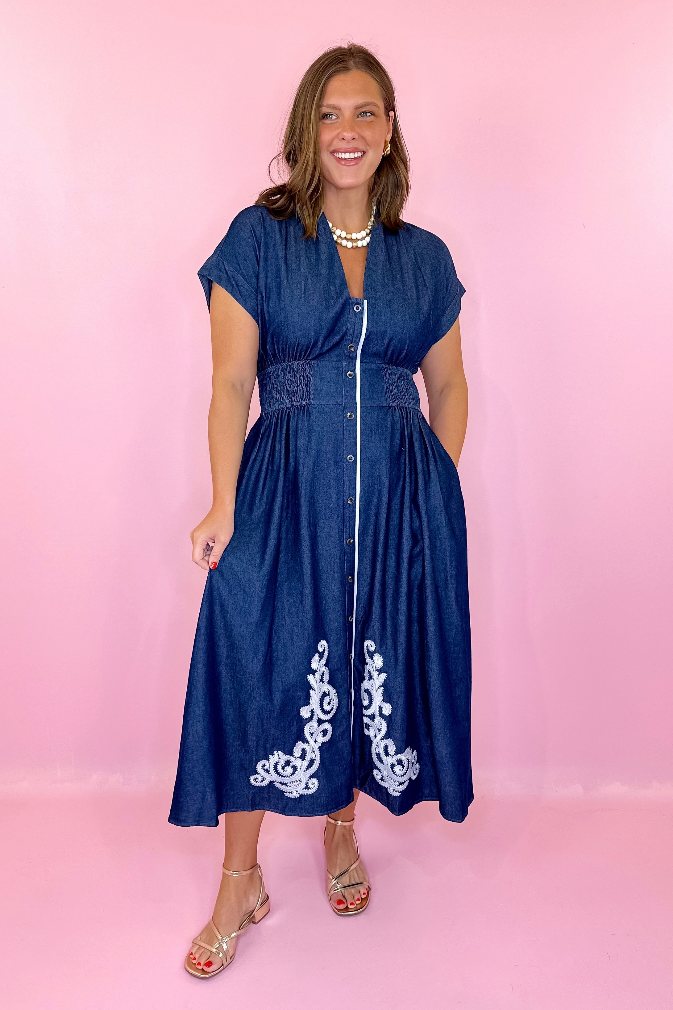 Pretty Days Embroidered Denim Midi Dress