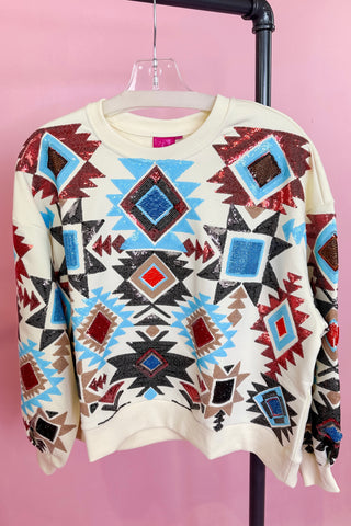 Queen Of Sparkles Beige Big Aztec Print Sweatshirt