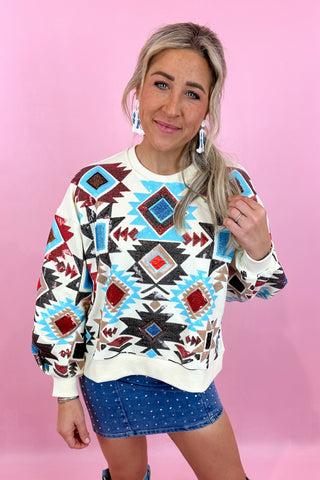 Queen Of Sparkles Beige Big Aztec Print Sweatshirt