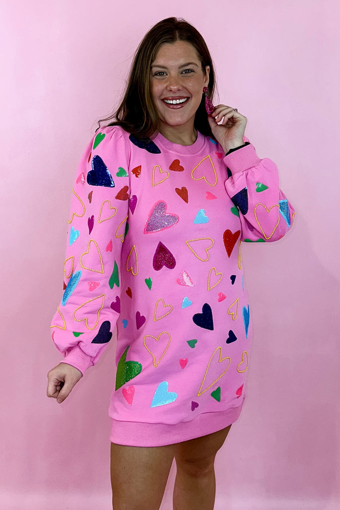 Queen Of Sparkles Groovy Hearts All Over Sweatshirt Dress Pink