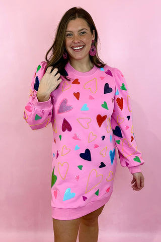 Queen Of Sparkles Groovy Hearts All Over Sweatshirt Dress Pink