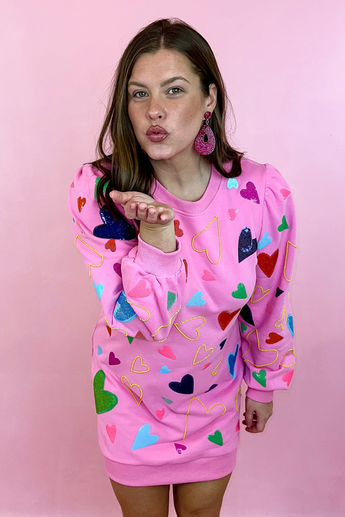 Queen Of Sparkles Groovy Hearts All Over Sweatshirt Dress Pink