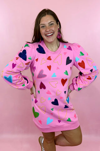 Queen Of Sparkles Groovy Hearts All Over Sweatshirt Dress Pink