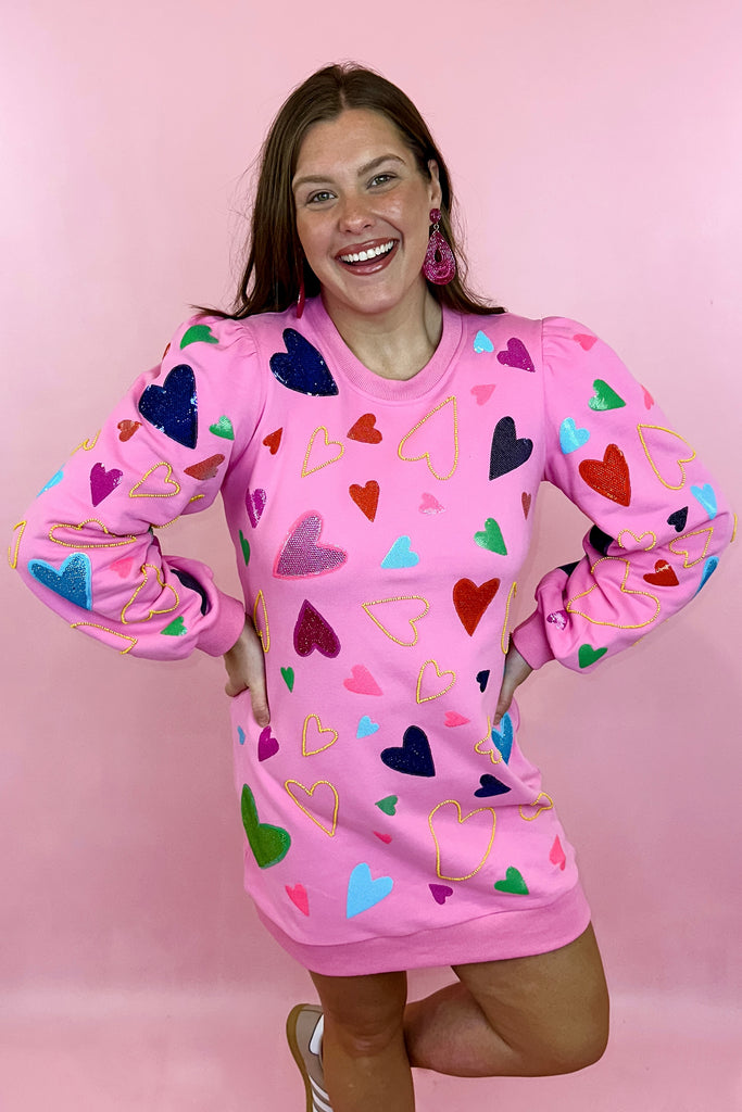 Queen Of Sparkles Groovy Hearts All Over Sweatshirt Dress Pink