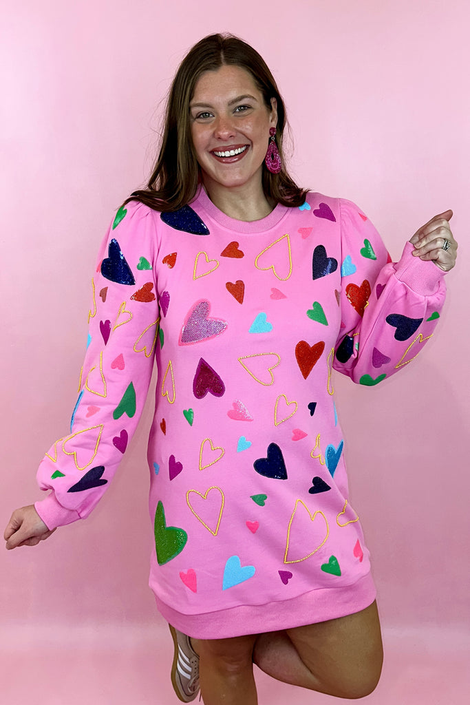 Queen Of Sparkles Groovy Hearts All Over Sweatshirt Dress Pink