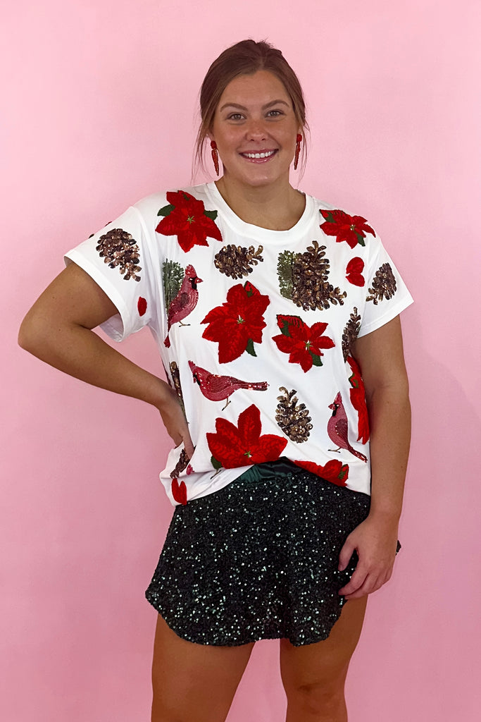 Queen Of Sparkles Poinsettia & Pinecone Tee