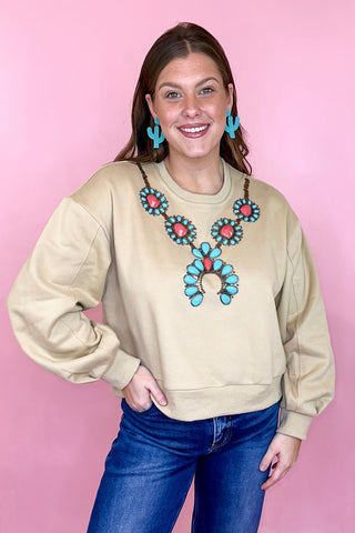 Queen Of Sparkles Tan Turquoise Necklace Sweatshirt