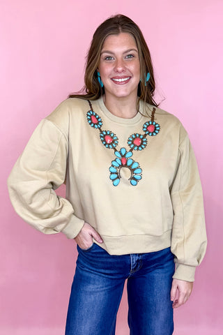 Queen Of Sparkles Tan Turquoise Necklace Sweatshirt