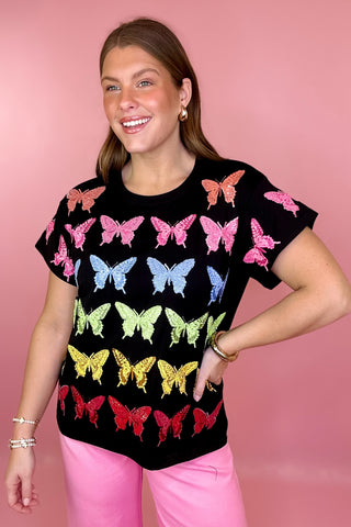 Queen Of Sparkles Black Multi Butterfly Tee