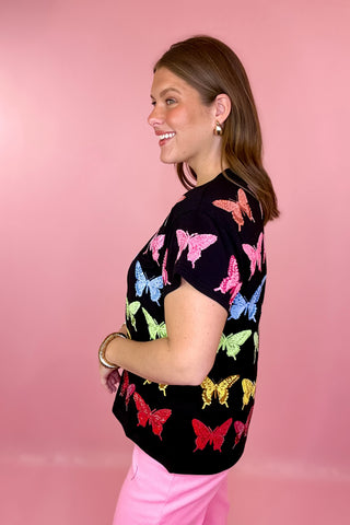 Queen Of Sparkles Black Multi Butterfly Tee
