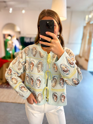 Queen Of Sparkles Blue & Green Oyster Tie Up Sweater