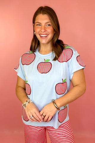 Queen Of Sparkles Blue & Red Gingham Apple Tee