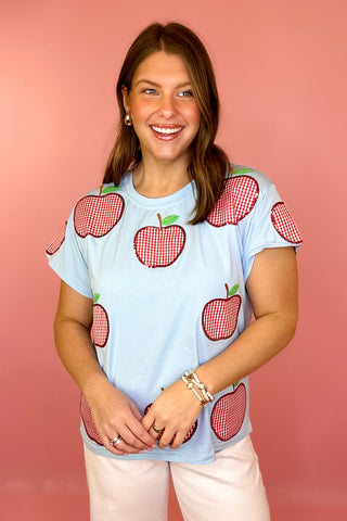 Queen Of Sparkles Blue & Red Gingham Apple Tee