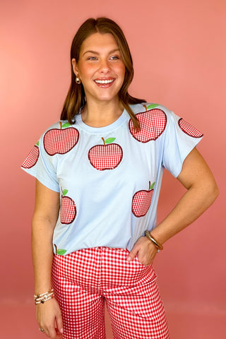 Queen Of Sparkles Blue & Red Gingham Apple Tee
