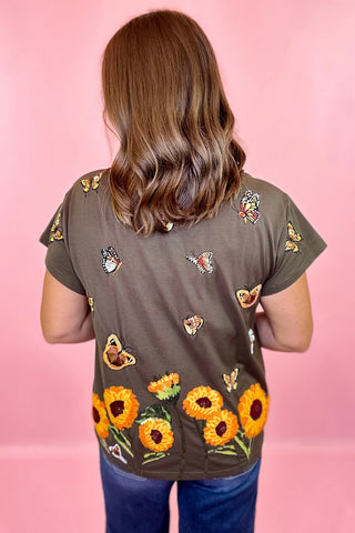 Queen Of Sparkles Brown Beaded Butterfly & Sunflower Tee