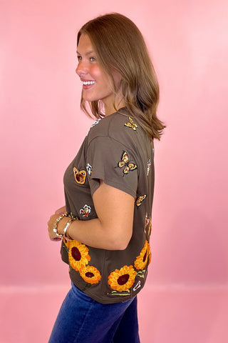 Queen Of Sparkles Brown Beaded Butterfly & Sunflower Tee