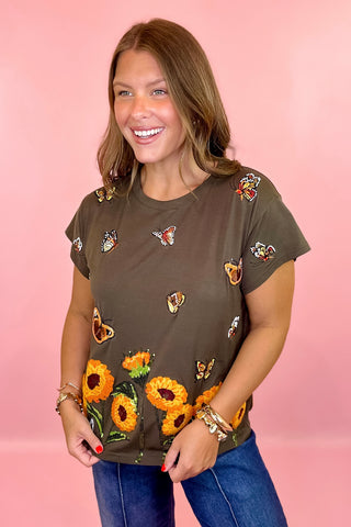 Queen Of Sparkles Brown Beaded Butterfly & Sunflower Tee