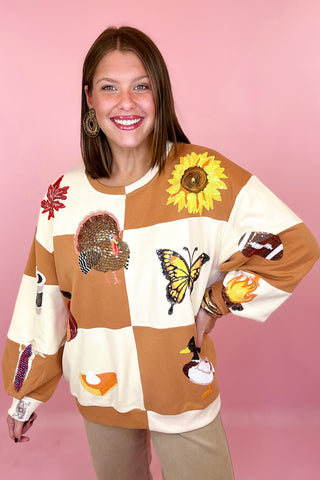 Queen Of Sparkles Brown & Ivory Checkered Fall Icon Sweatshirt
