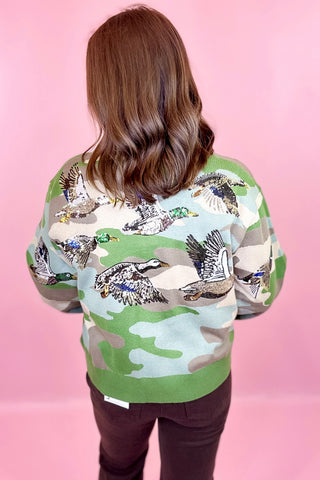 Queen Of Sparkles Green Camo Ducks Flying Cardigan