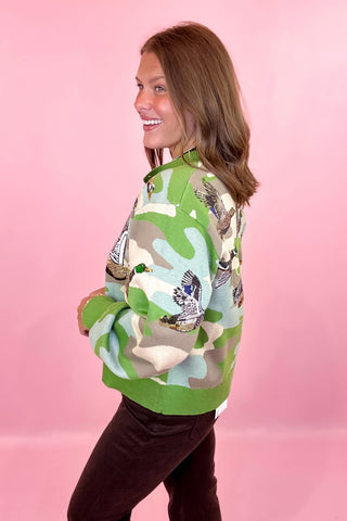 Queen Of Sparkles Green Camo Ducks Flying Cardigan