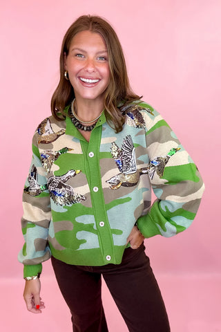 Queen Of Sparkles Green Camo Ducks Flying Cardigan