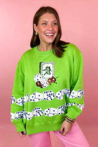 Queen Of Sparkles Green Mahjong Tile & Dice Knit Sweater