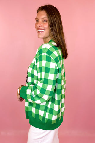 Queen Of Sparkles Green & White Checkered Golf Sweater
