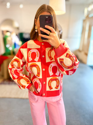 Queen Of Sparkles Hot Pink Checkered Horse Shoe Button Up Sweater