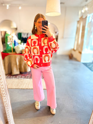 Queen Of Sparkles Hot Pink Checkered Horse Shoe Button Up Sweater
