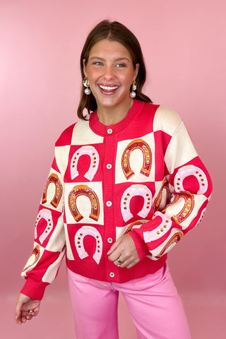 Queen Of Sparkles Hot Pink Checkered Horse Shoe Button Up Sweater