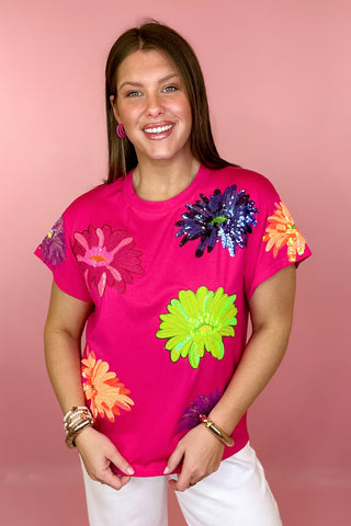 Queen Of Sparkles Hot Pink Multi Flower Tee